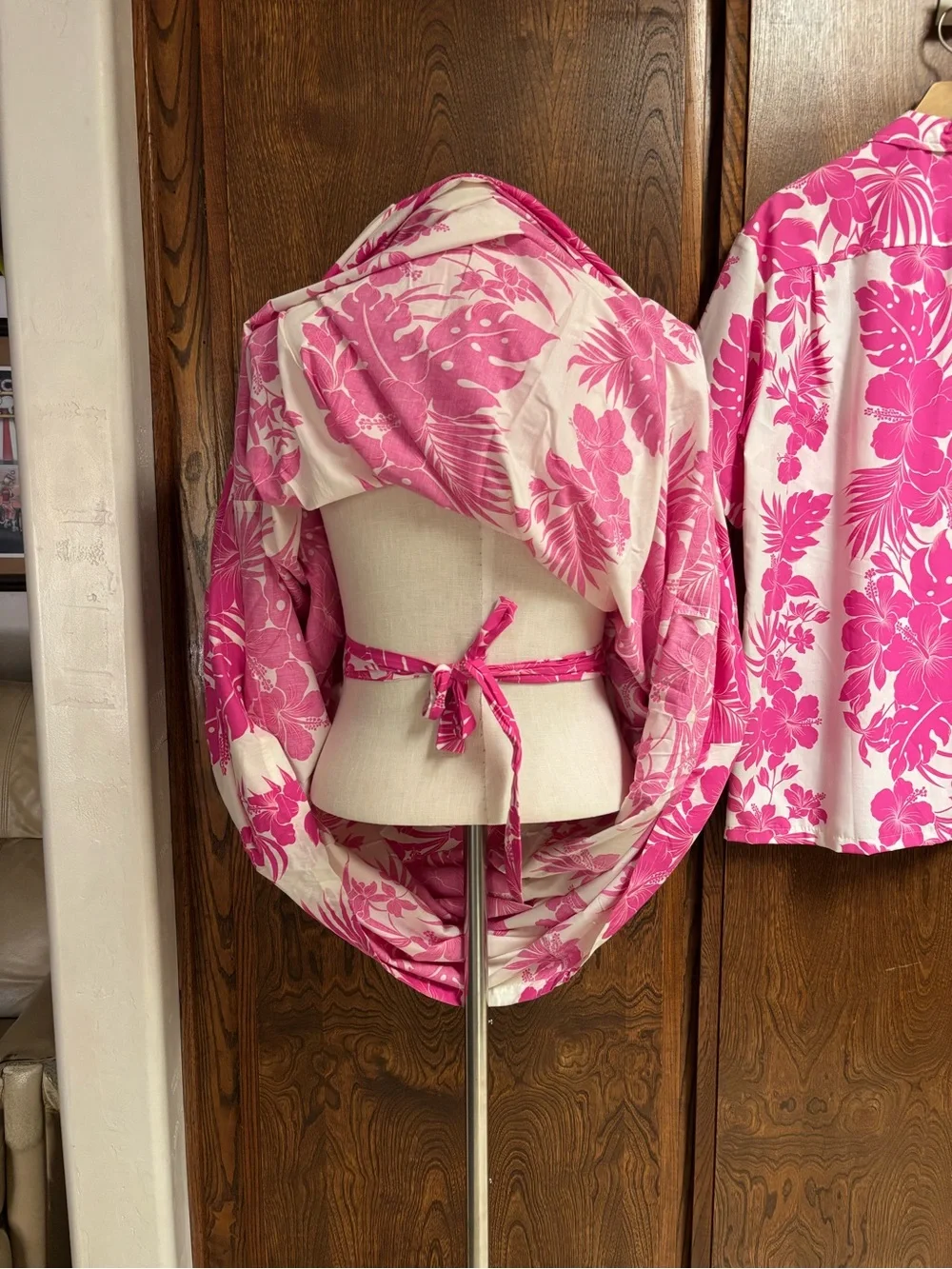Pink & White Hawaiian Maxi Dress with Mens Matching Shirt. Honeymoon Set.